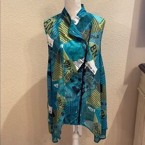 Feratelli Asymmetrical Green and Blue Blouse with Mandarin Collar